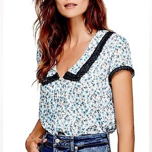 Free People Ana Lace-Trim Floral Collared Blouse, NEW
